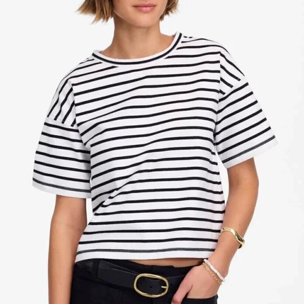 Madewell Everyday Boxy Crop Tee White Black Stripes Size XXS NWT